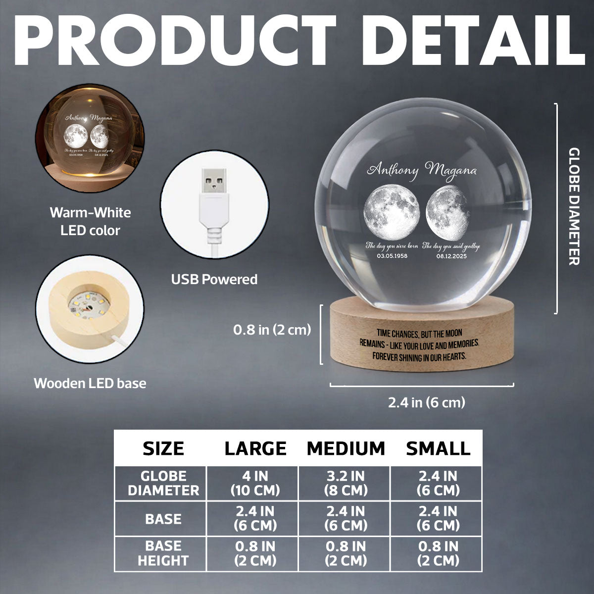 Lost Loved One Moon Phase Art - Personalized Crystal Ball LED Night Light - Memorial Keepsake Sympathy Gift