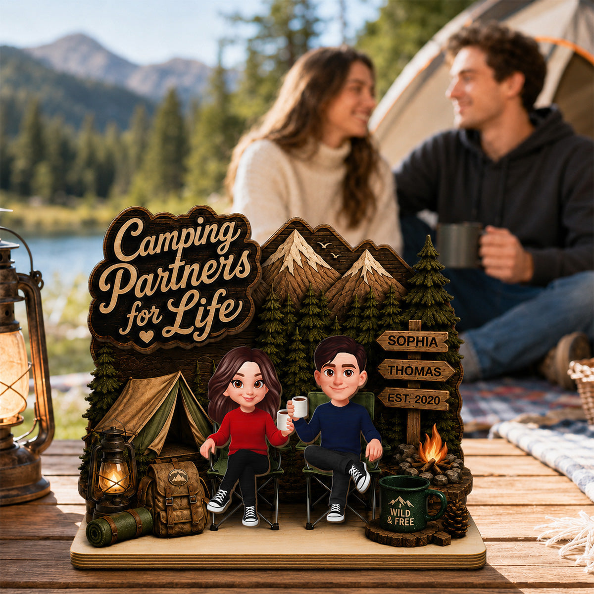 Camping Partners For Life 2D Flat - Personalized 2-Layered Wooden Plaque