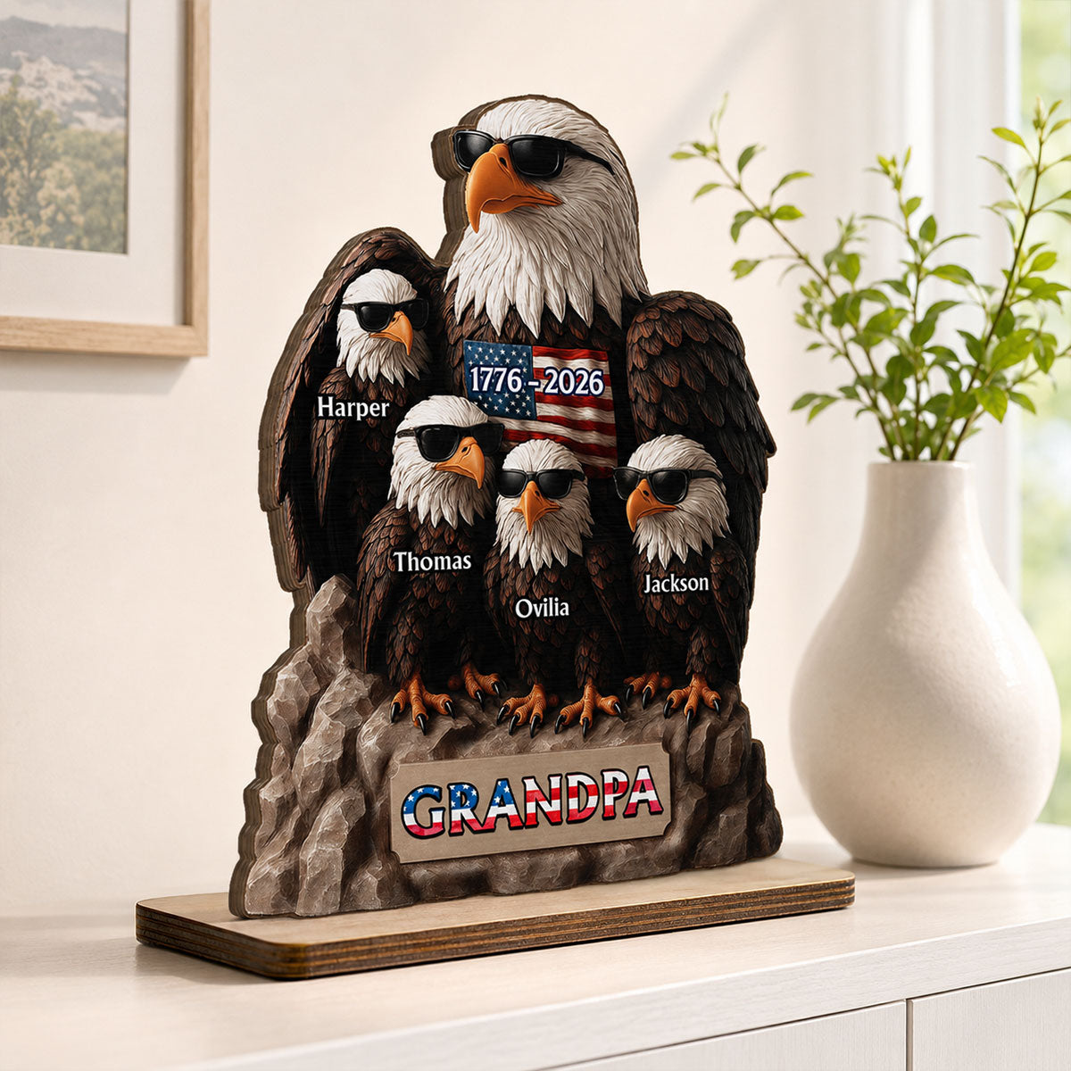 America 250th Anniversary Patriotic Eagle Grandpa Dad & Kids - Personalized 2-Layered Wooden Plaque -  Gift, 250th Anniversary Gift, Keepsake For Grandpa, Dad