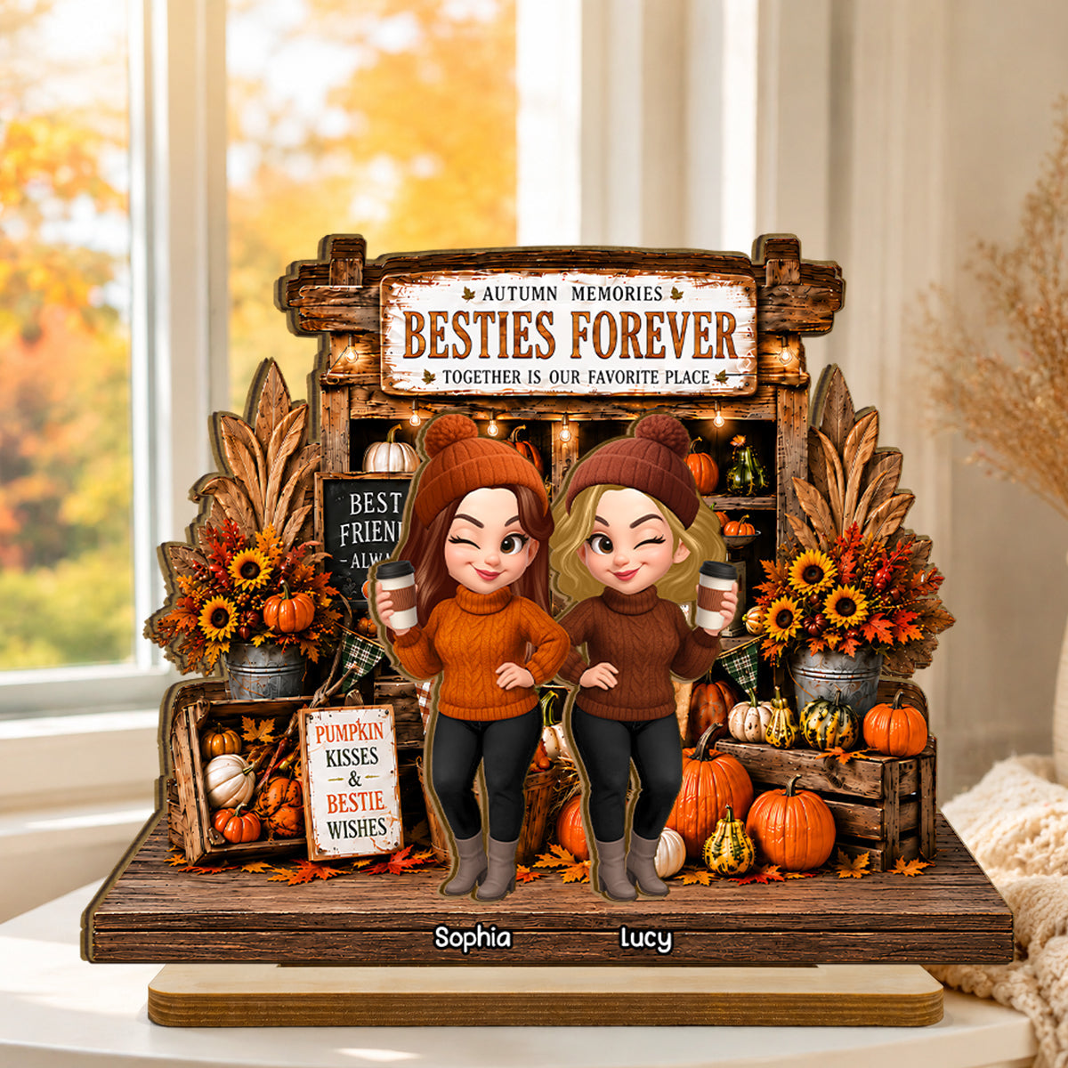 Rustic Pumpkin Patch Farm Besties - Personalized 2-Layered Wooden Plaque - Fall Season Gift For Besties
