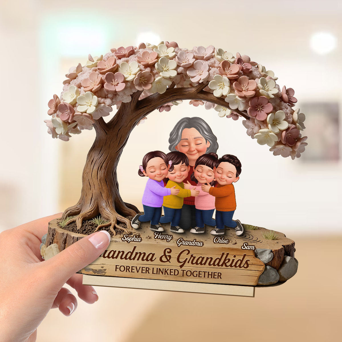Grandma And Grandkids Under Blossom Tree - Personalized 2-Layered Wooden Plaque - Gift For Mom