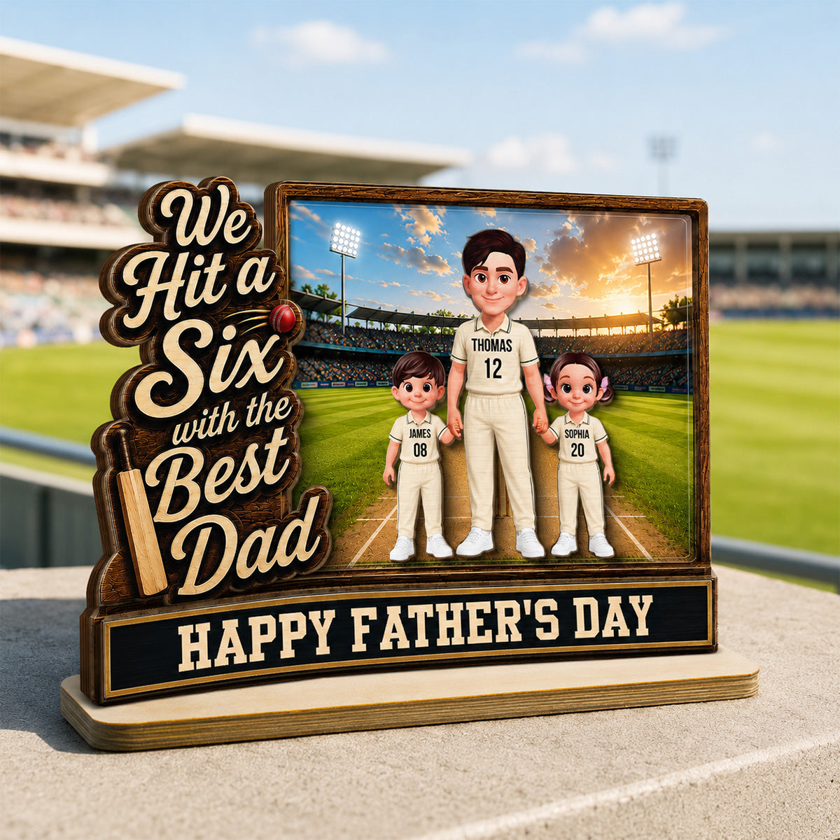 Hit A Six With The Best Dad Cricket Dad & Kids On Field 2D Flat - Personalised 2-Layered Wooden Plaque -  Gift For Husband, Dad