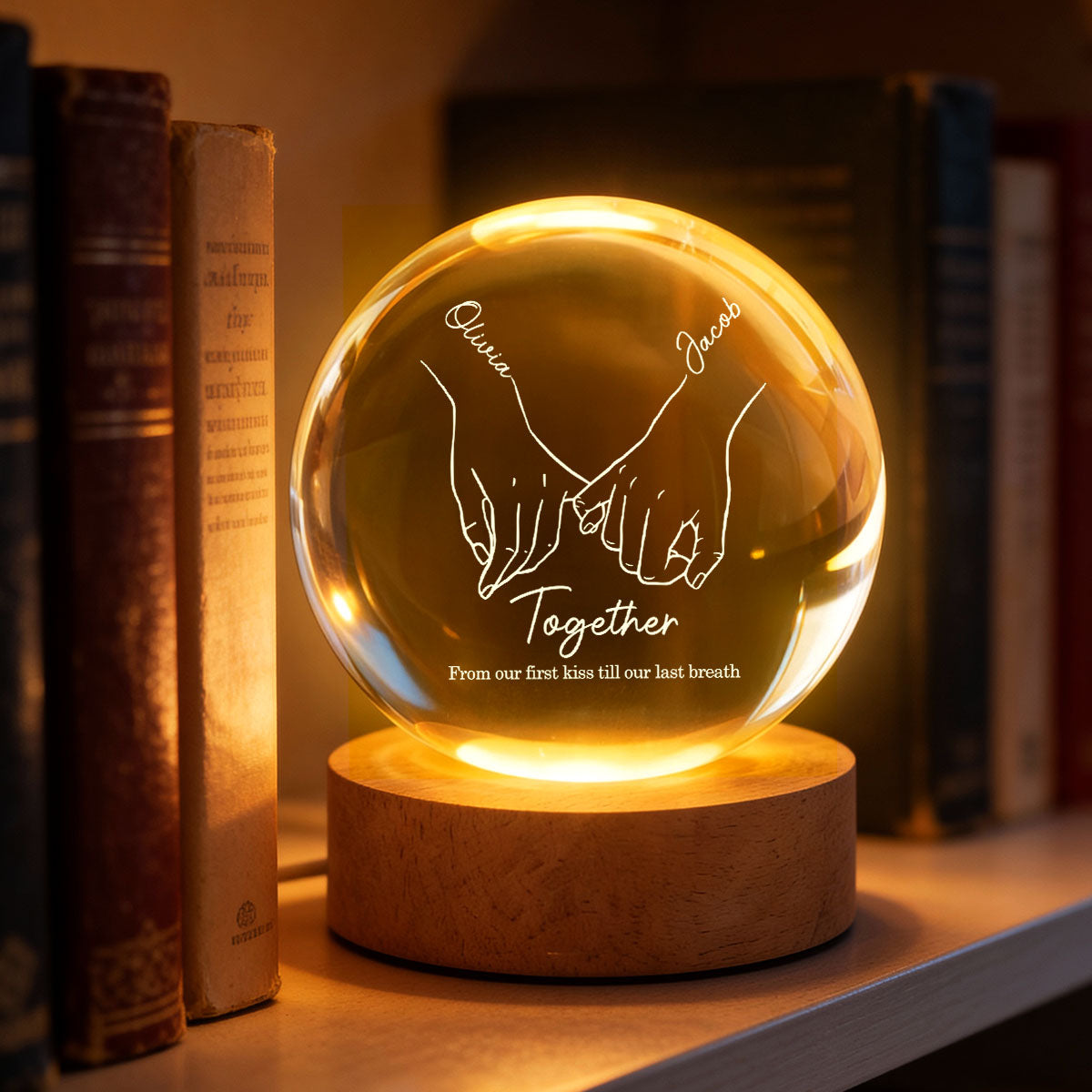 Couple Interlocked Hands - Personalized Crystal Ball LED Night Light - Sentimental Gift for Her, for Him, Couple Keepsake