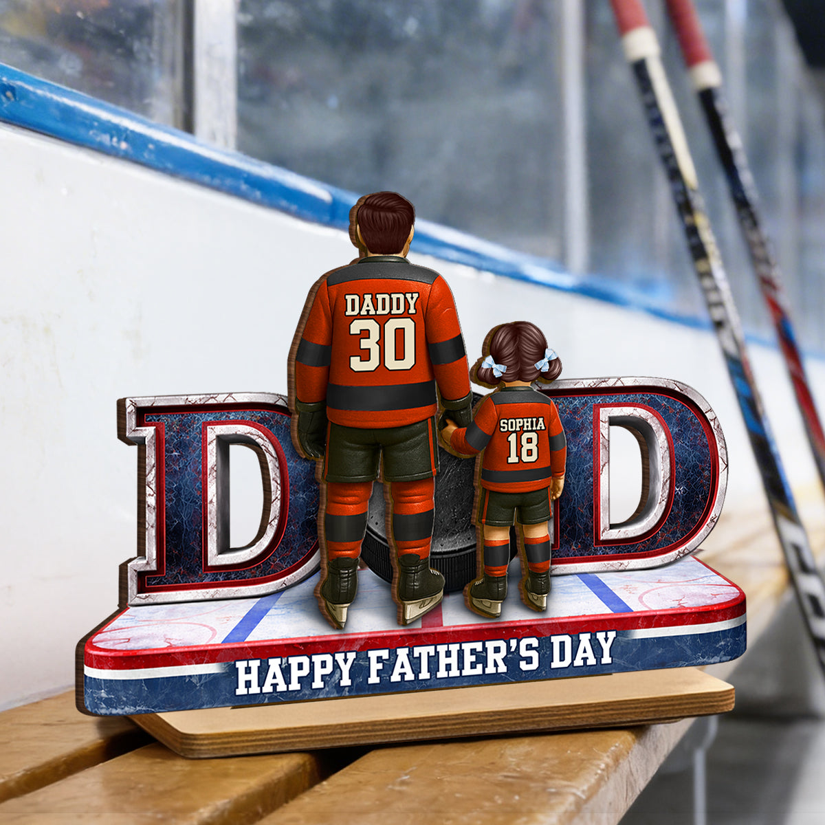 Hockey Dad And Kids Together - Personalized 2-Layered Wooden Plaque - Heartfelt Gift For Hockey Dad, Gift For Husband