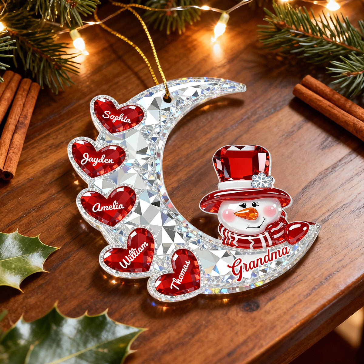 3D Effect Flat Snowman Grandma On Moon Grandkids Hearts Names - Personalized Acrylic Ornament - Gift For Grandma, Grandkids