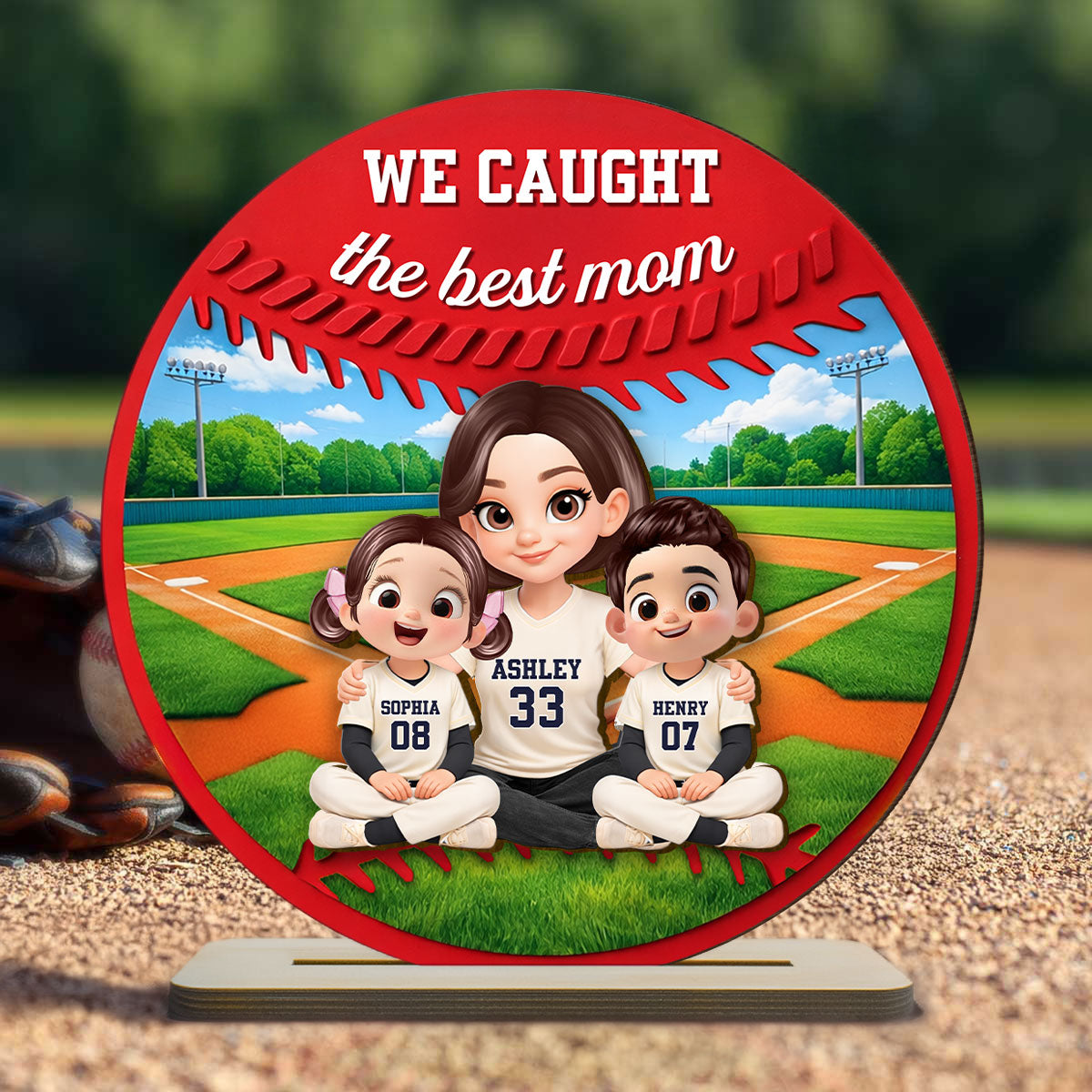 Mom And Kids Baseball Field - Personalized 2-Layered Wooden Plaque - Heartfelt Gift For Baseball Mom, Grandma