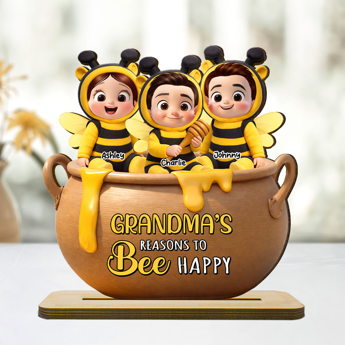 Grandma's Reasons to Bee Happy - Personalized 2-Layered Wooden Plaque - Heartfelt Mother's Day Gift for Grandma