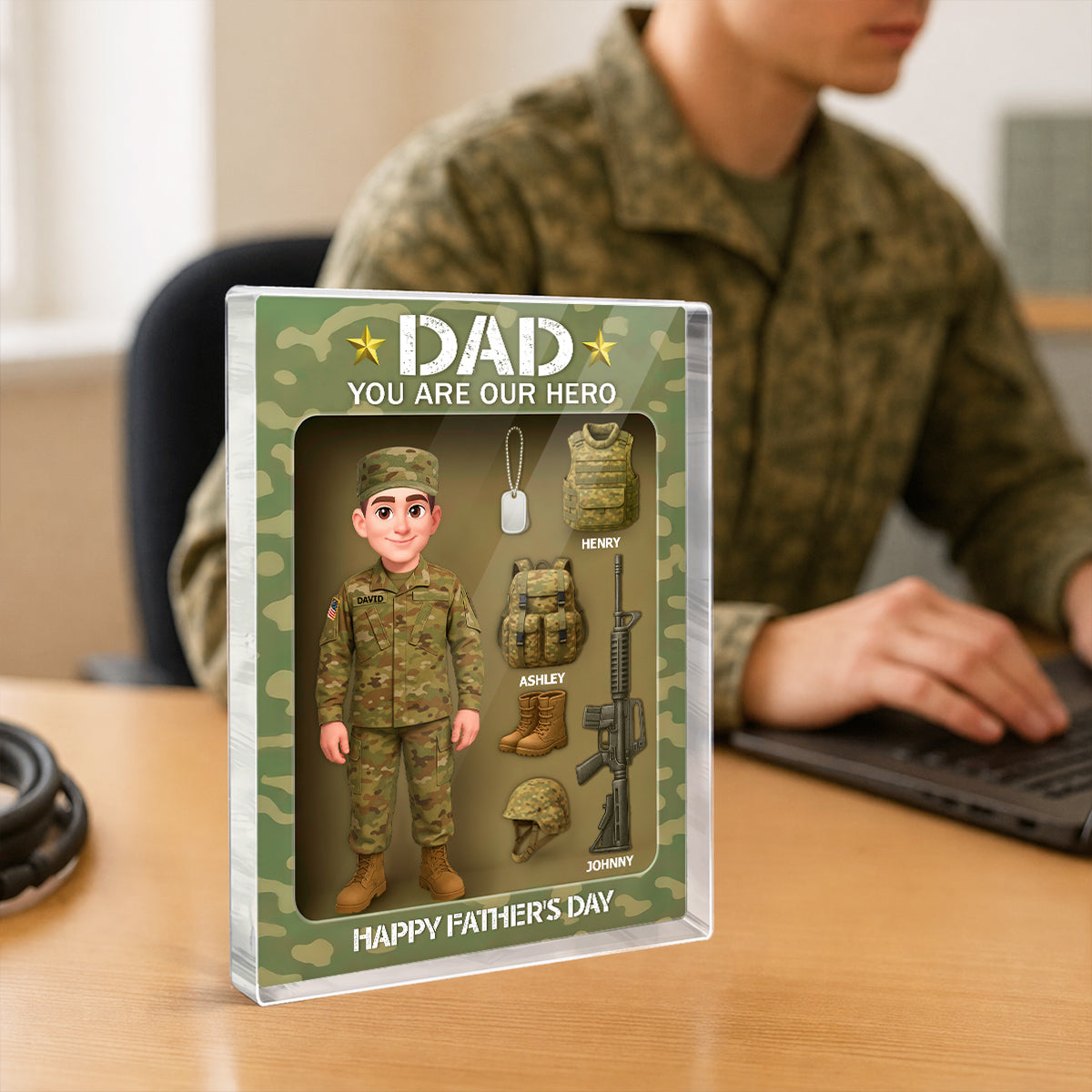 Proud Army Millitary Dad Hero - Personalized Acrylic Block Plaque -  Gift For Marine Dad