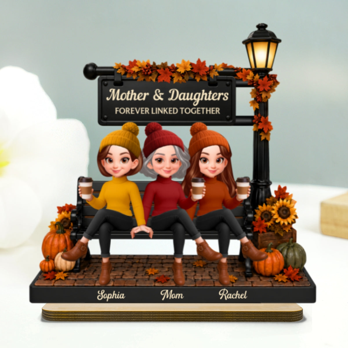 Fall Season Lamp Post Mom And Daughters - Personalized 2-Layered Wooden Plaque - Fall Gift For Mom, Daughters