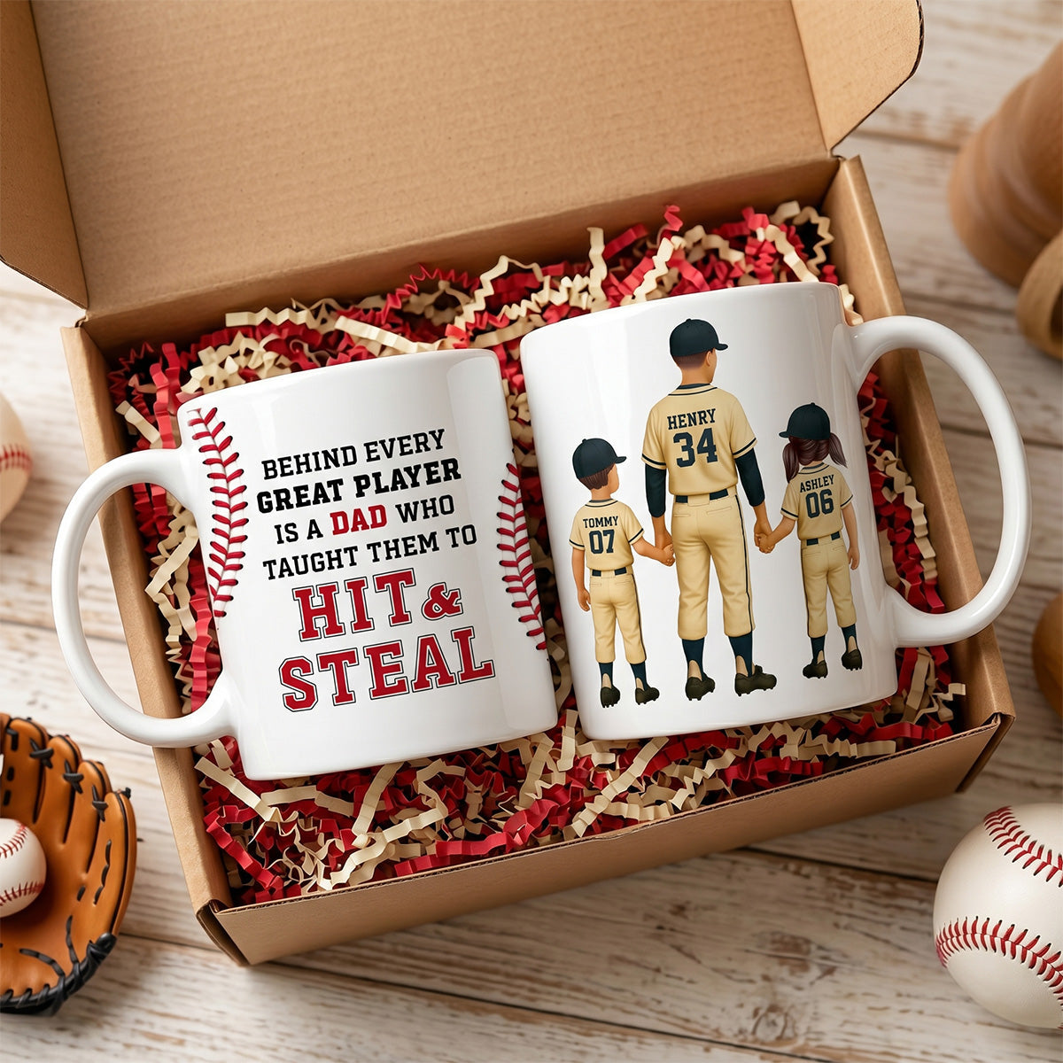 Thank You For Teaching Us To Hit & Steal Baseball Dad & Kids - Personalized Mug - Father's Day Gift For Dad, Husband