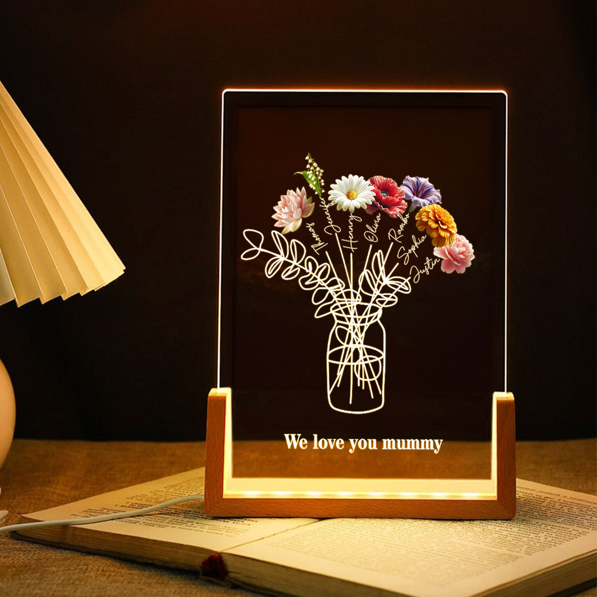 Family Birth Month Flowers Bouquet - Personalized Acrylic Block LED Night Light - Heartfelt Gift For Mom, Grandma
