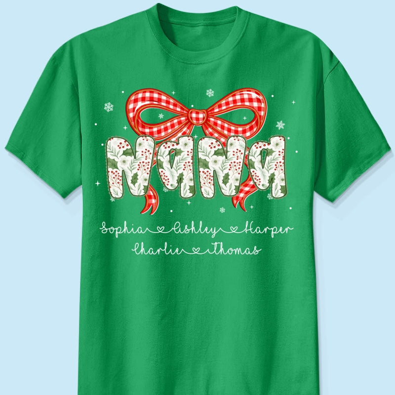 Grandma Coquette Floral Christmas Pattern With Kids Names - Personalized Shirt