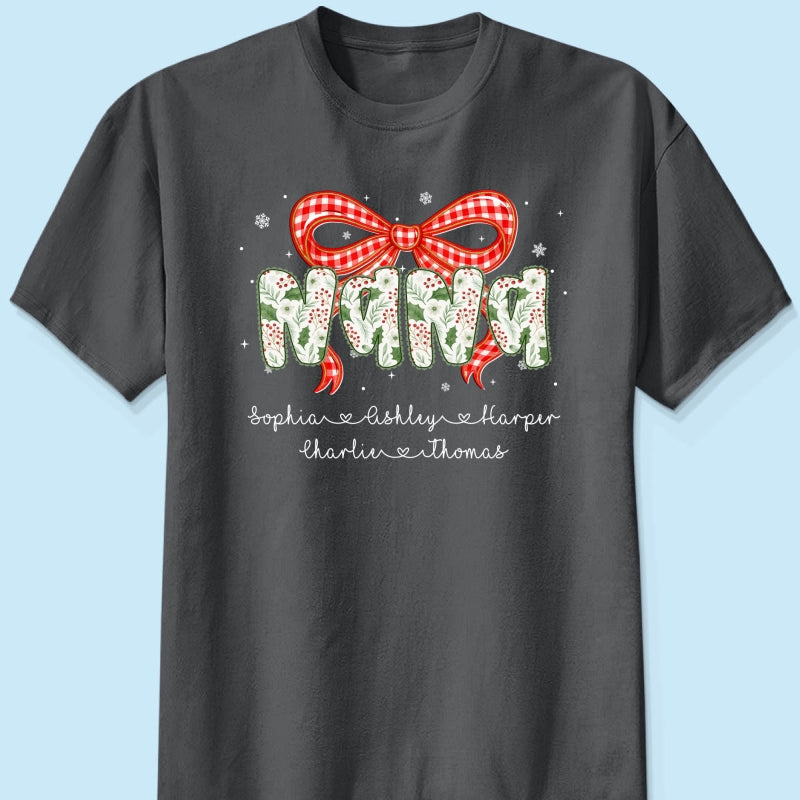 Grandma Coquette Floral Christmas Pattern With Kids Names - Personalized Shirt