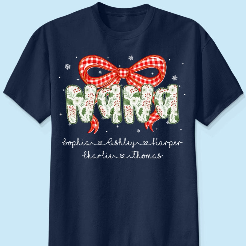 Grandma Coquette Floral Christmas Pattern With Kids Names - Personalized Shirt