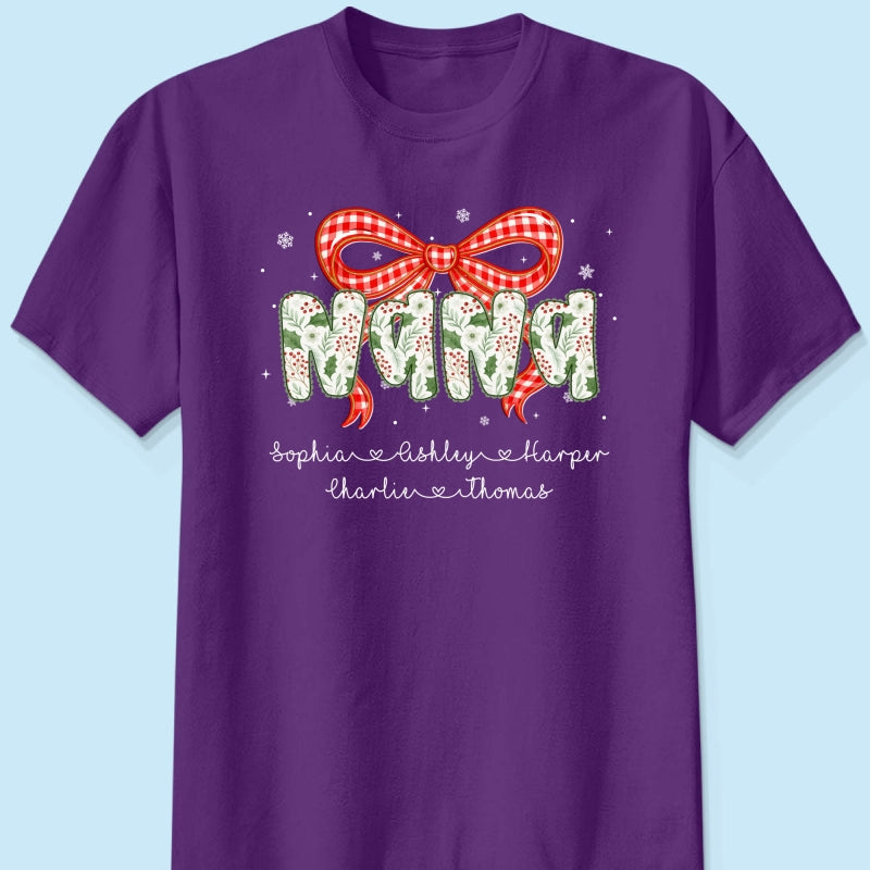 Grandma Coquette Floral Christmas Pattern With Kids Names - Personalized Shirt