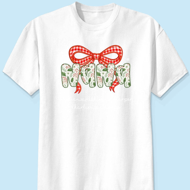 Grandma Coquette Floral Christmas Pattern With Kids Names - Personalized Shirt