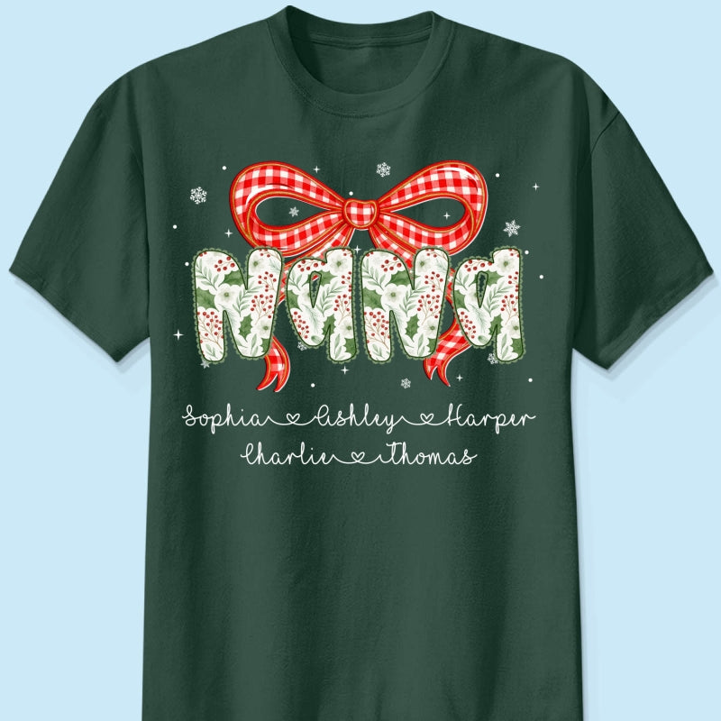 Grandma Coquette Floral Christmas Pattern With Kids Names - Personalized Shirt