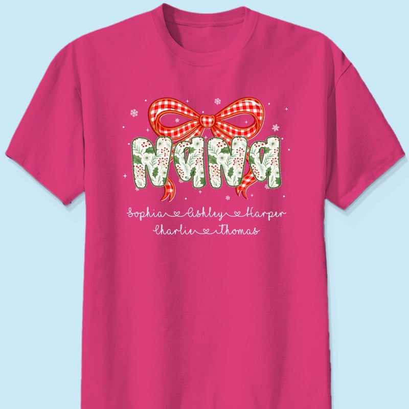 Grandma Coquette Floral Christmas Pattern With Kids Names - Personalized Shirt