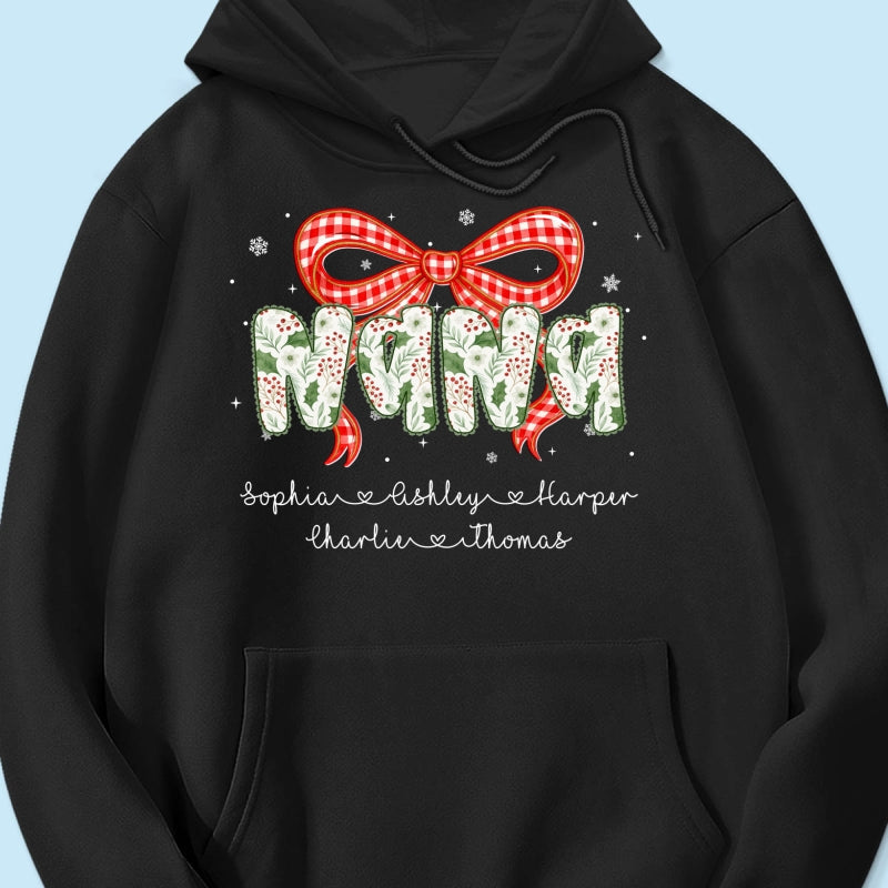 Grandma Coquette Floral Christmas Pattern With Kids Names - Personalized Shirt