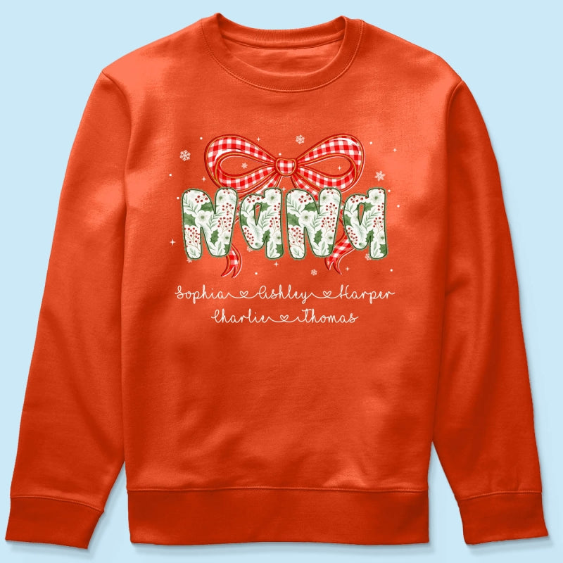Grandma Coquette Floral Christmas Pattern With Kids Names - Personalized Shirt