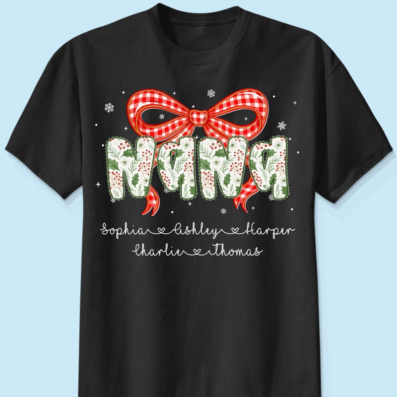 Grandma Coquette Floral Christmas Pattern With Kids Names - Personalized Shirt