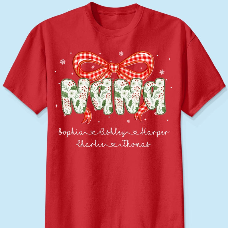 Grandma Coquette Floral Christmas Pattern With Kids Names - Personalized Shirt