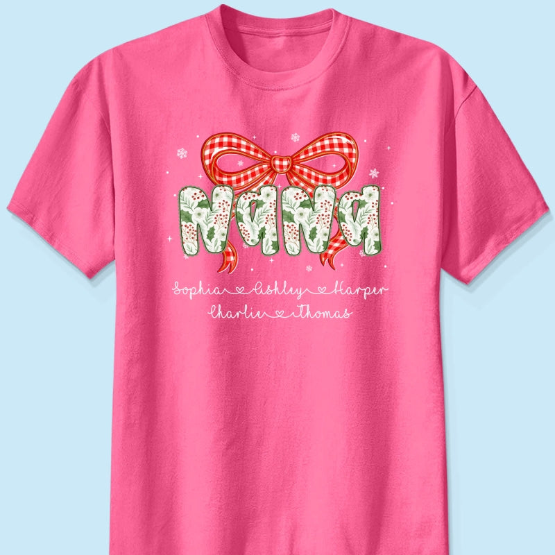 Grandma Coquette Floral Christmas Pattern With Kids Names - Personalized Shirt