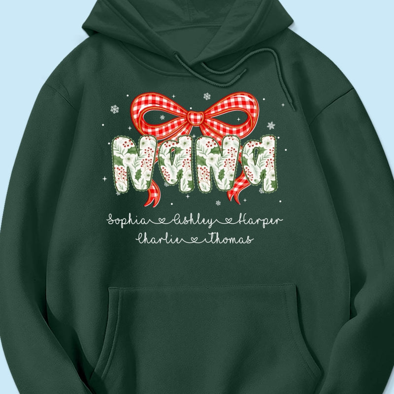 Grandma Coquette Floral Christmas Pattern With Kids Names - Personalized Shirt