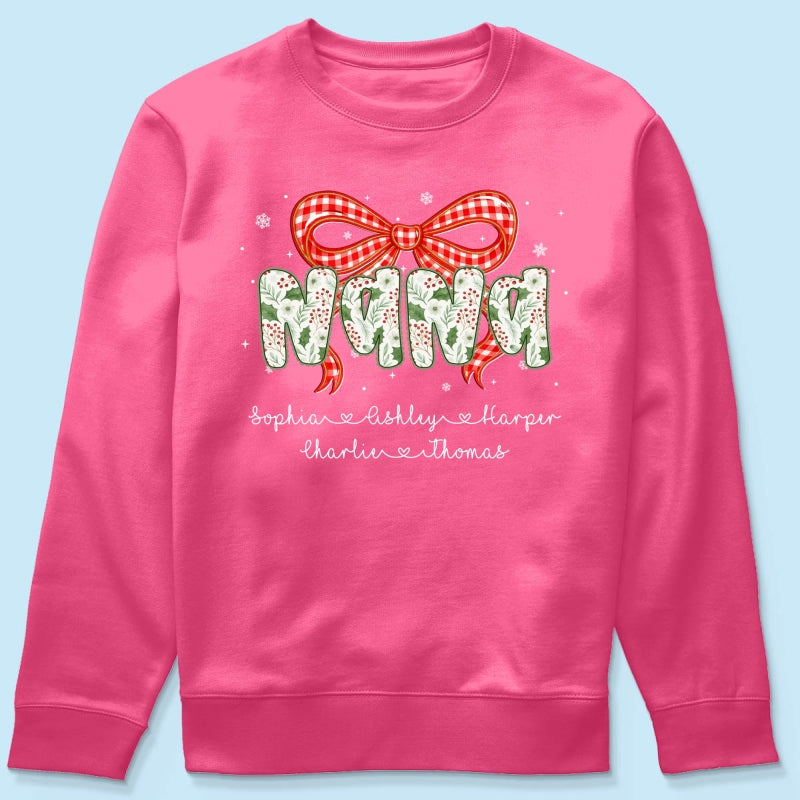 Grandma Coquette Floral Christmas Pattern With Kids Names - Personalized Shirt
