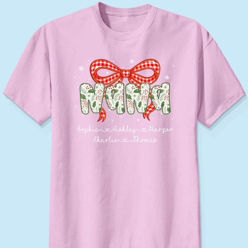 Grandma Coquette Floral Christmas Pattern With Kids Names - Personalized Shirt