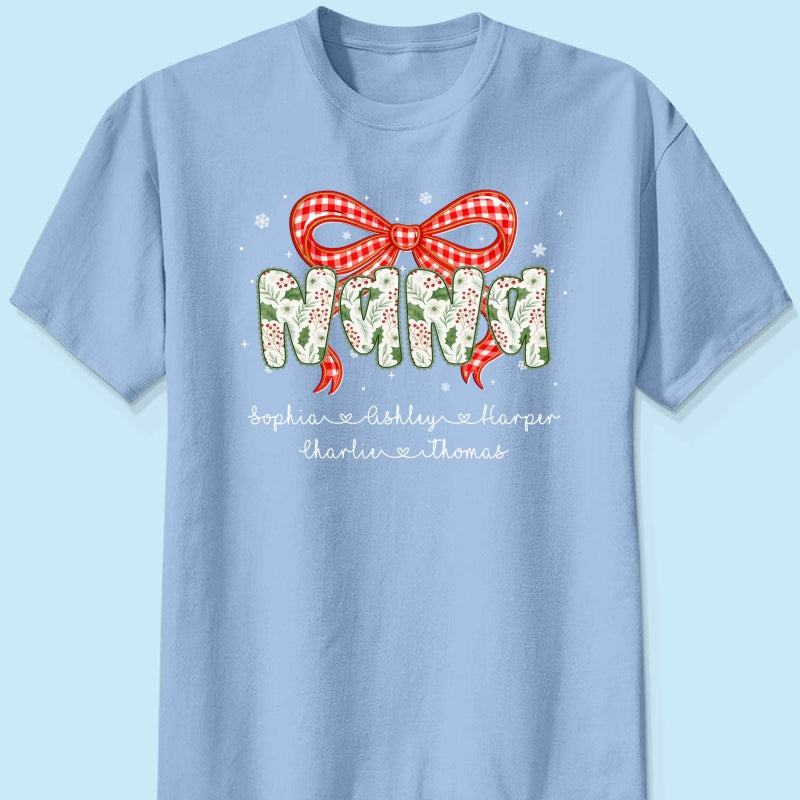Grandma Coquette Floral Christmas Pattern With Kids Names - Personalized Shirt