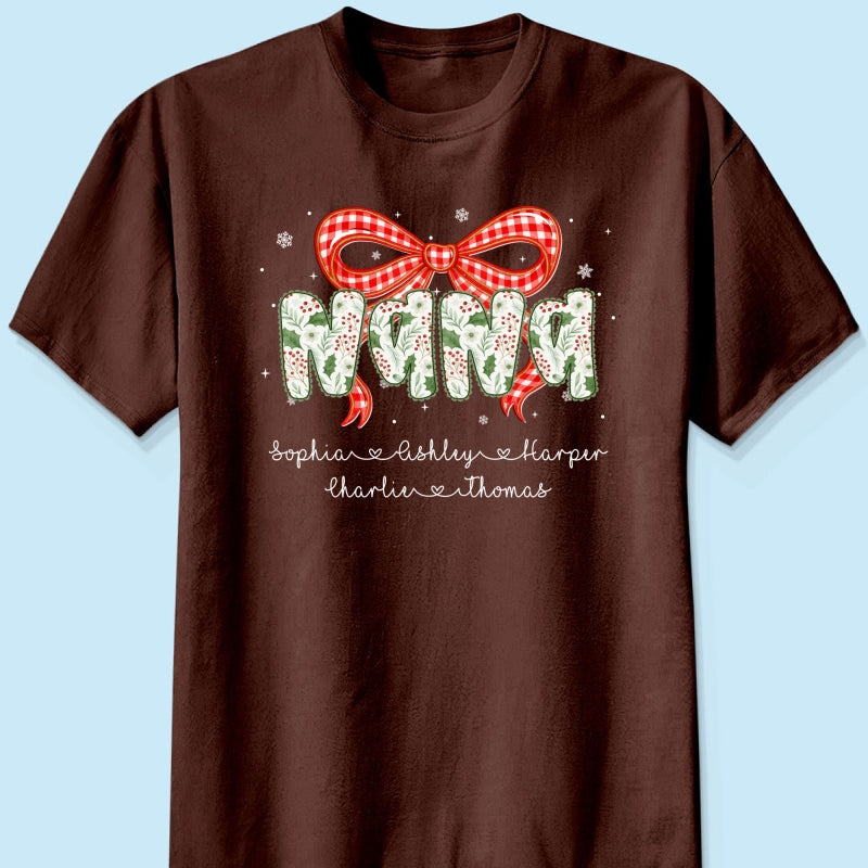 Grandma Coquette Floral Christmas Pattern With Kids Names - Personalized Shirt