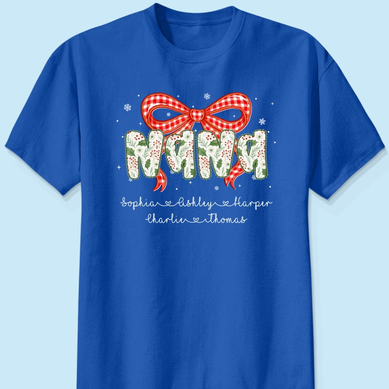 Grandma Coquette Floral Christmas Pattern With Kids Names - Personalized Shirt