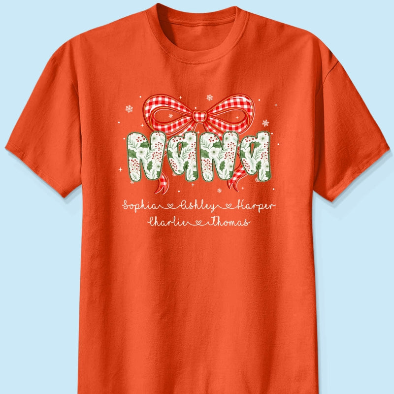 Grandma Coquette Floral Christmas Pattern With Kids Names - Personalized Shirt