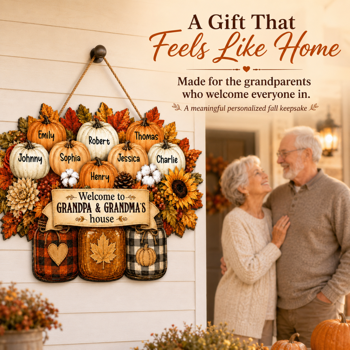 Cozy Warm Fall Season Mason Jars Pumpkins Welcome To Grandma Grandpa House - Personalized Wood Sign - Fall Decor For Grandparents (Up to 20 Grandkids)