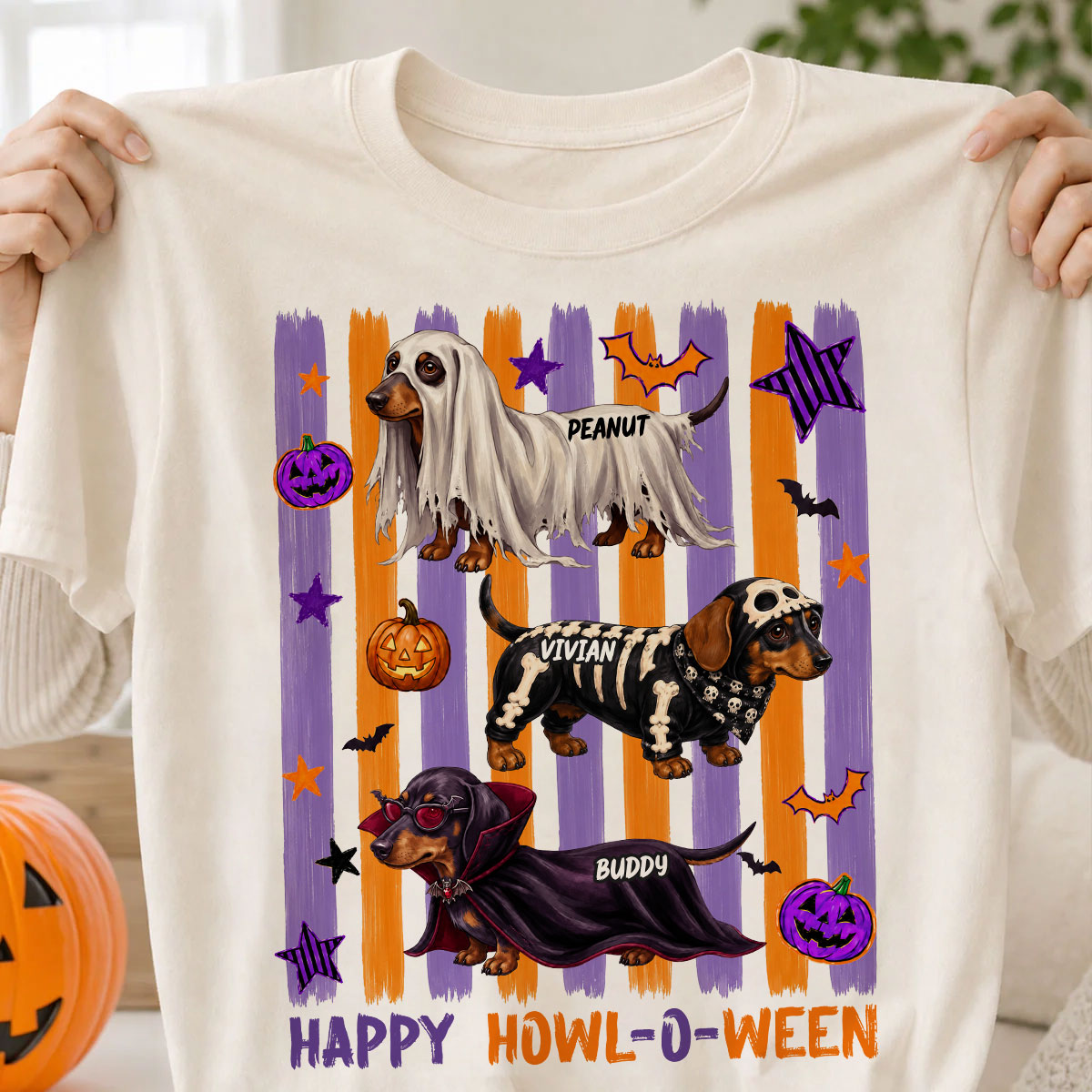 Striped Halloween Dachshund Ghost - Personalized Shirt - Halloween Gift For Dog Lovers
