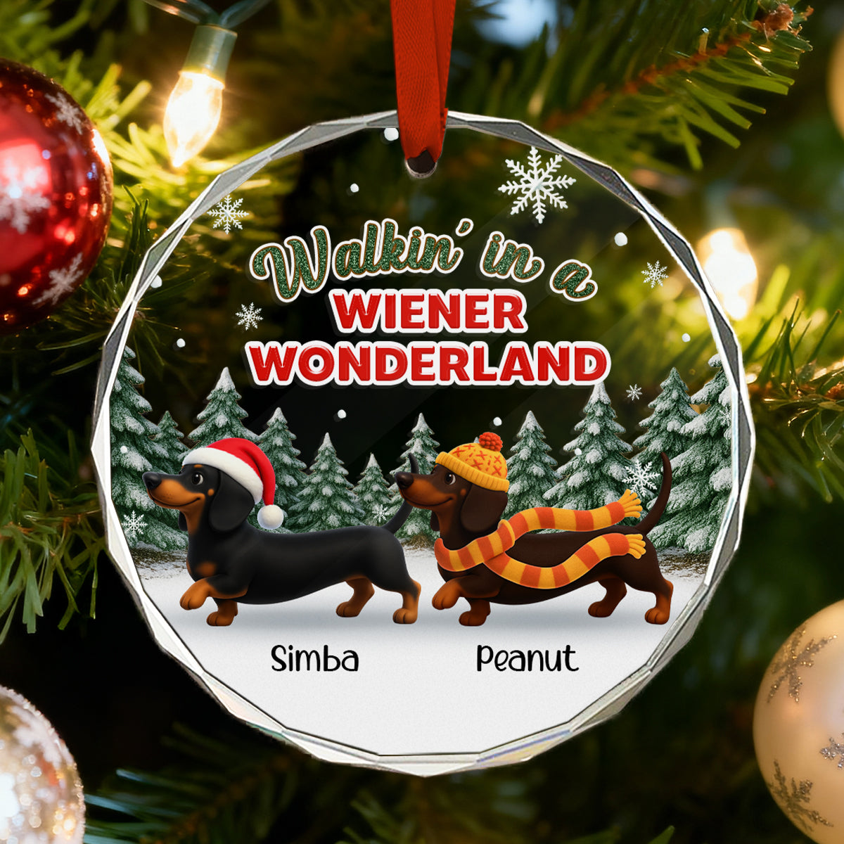 Christmas Dachshunds Walking In A Wiener Wonderland - Personalized Glass Ornament