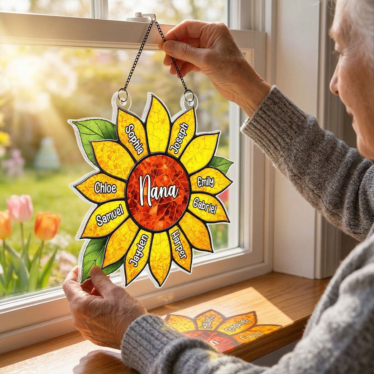 Grandkids Name In Sunflower Daisy - Personalized Suncatcher - Mother's Day Home Decor Gift For Grandma