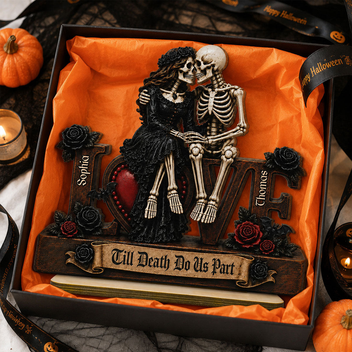 Skeleton Couple Eternal LOVE 2D Flat - Personalized 2-Layered Wooden Plaque - Halloween Decor For Couple