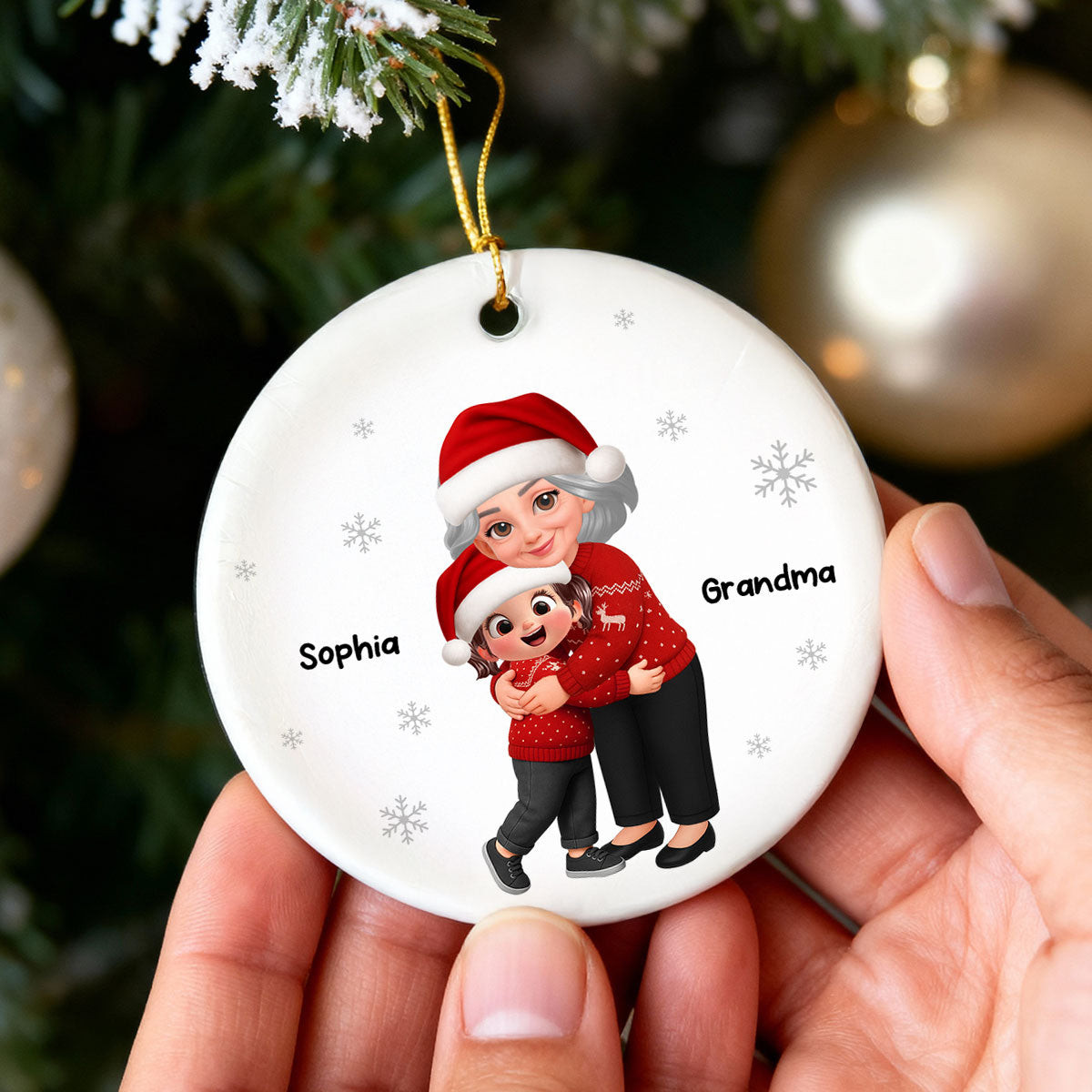 Christmas Grandma Hugging Grandkid - Personalized Ceramic Ornament - Heartwarming Gift For Kids, Grandmas
