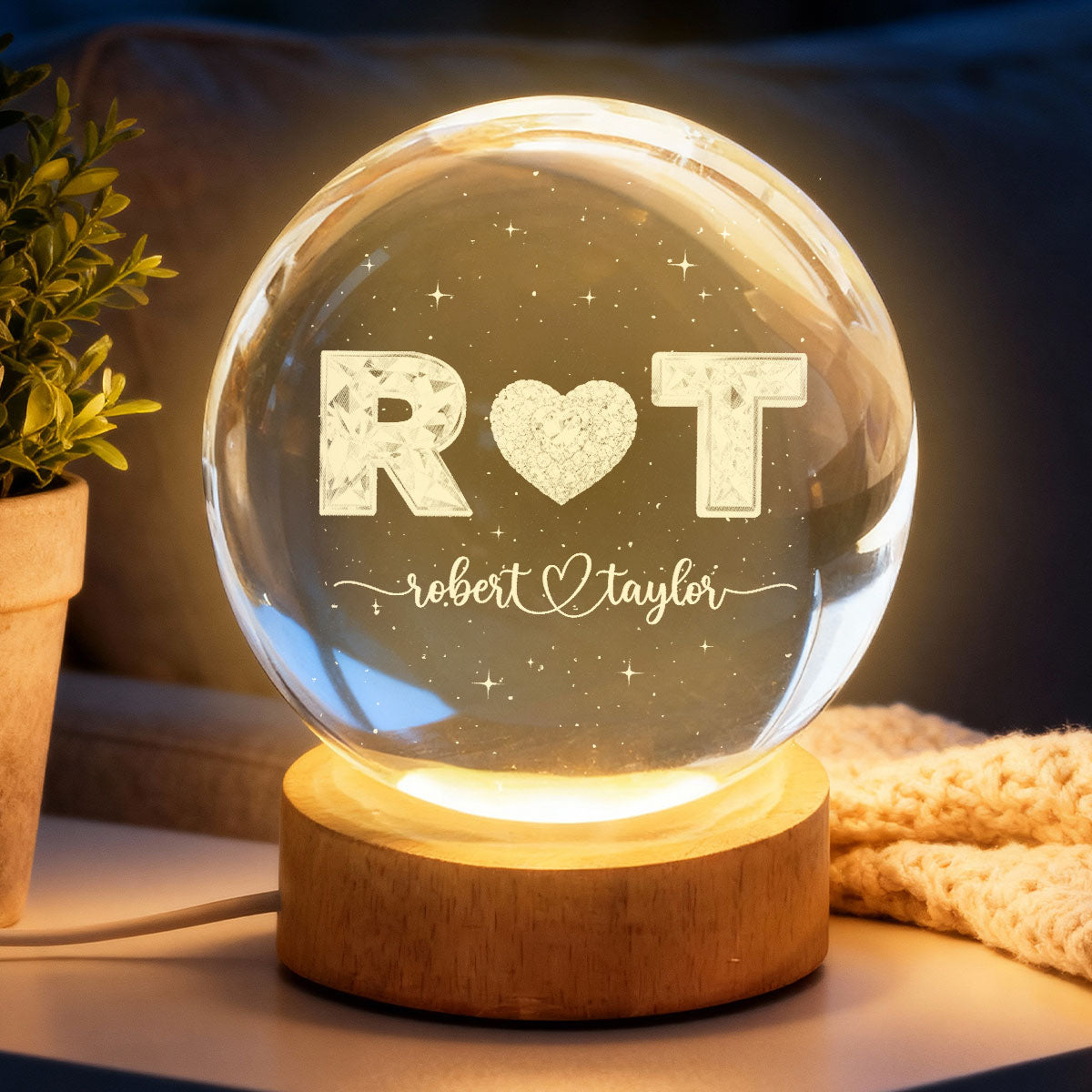 Eternal Love Couple Initial Names - Personalized Crystal Ball LED Night Light - Valentine's Day Gift For Couple, For Her, For Him