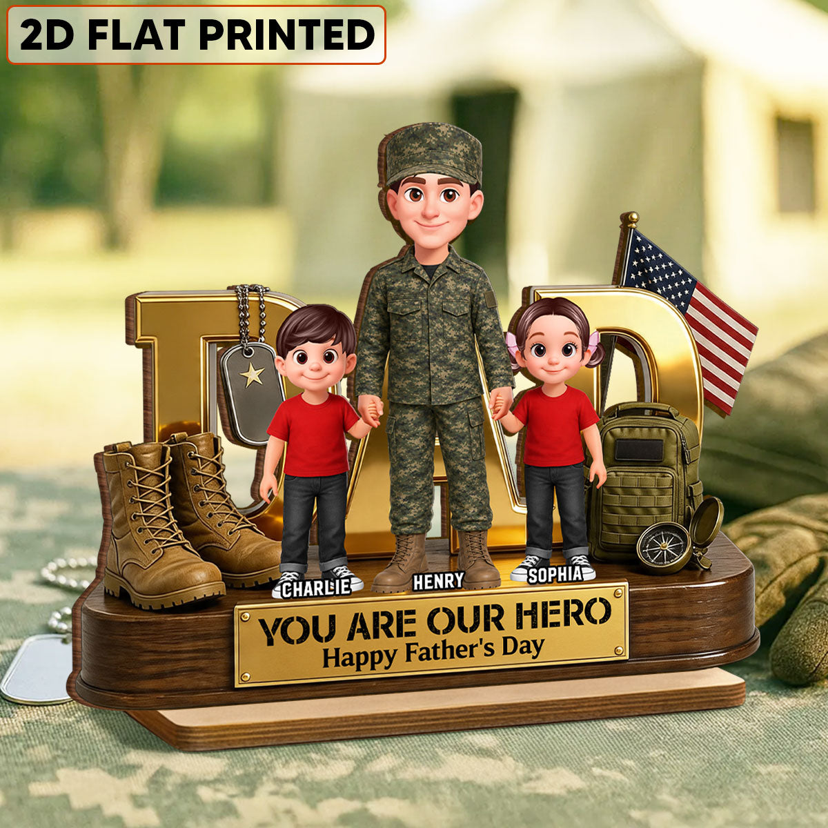 Proud American Millitary Dad - Personalized 2-Layered Wooden Plaque -  Gift For Dad, Husband