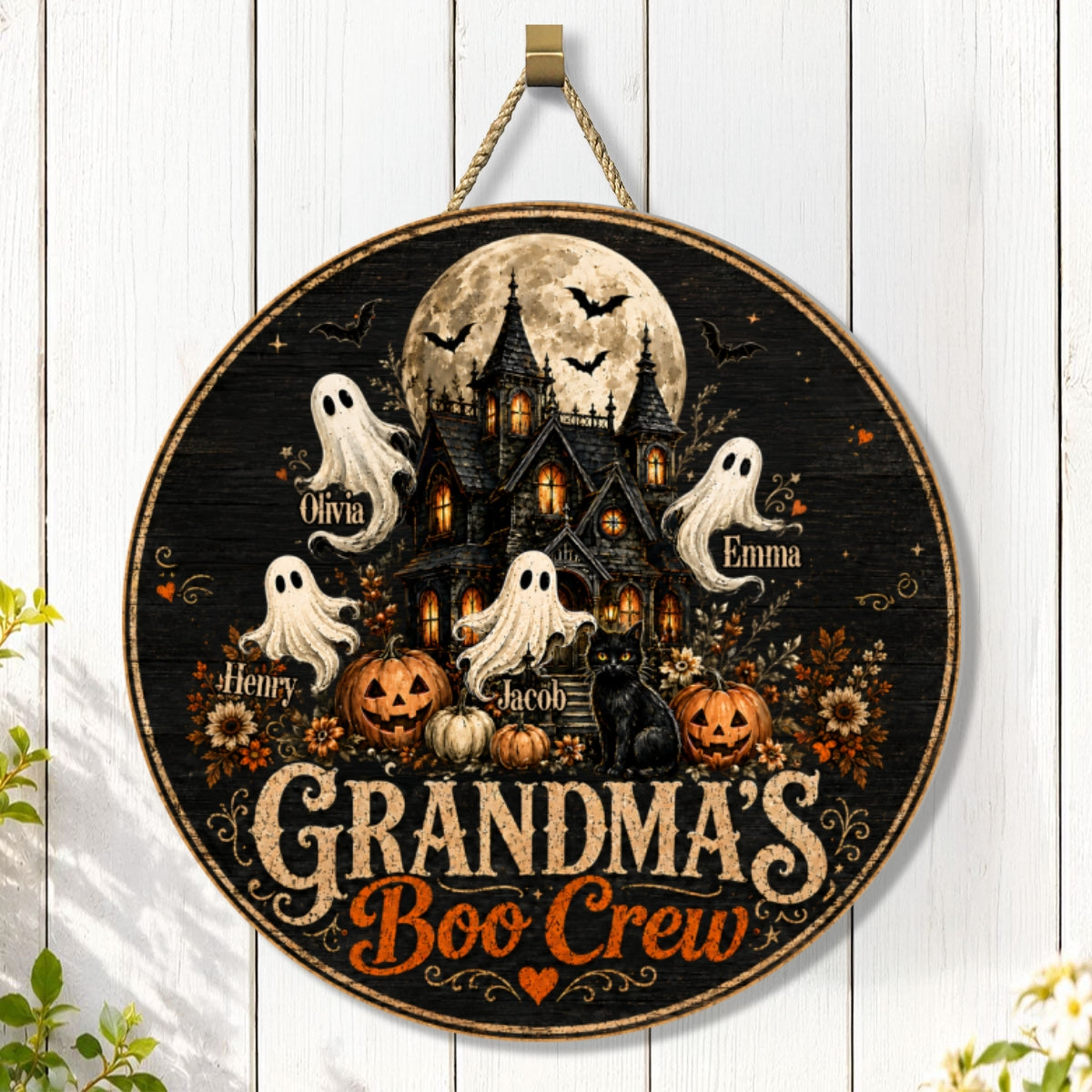 Grandma's Boo Crew Halloween Haunted House - Personalized Wooden Door Sign - Halloween Decor for Grandma