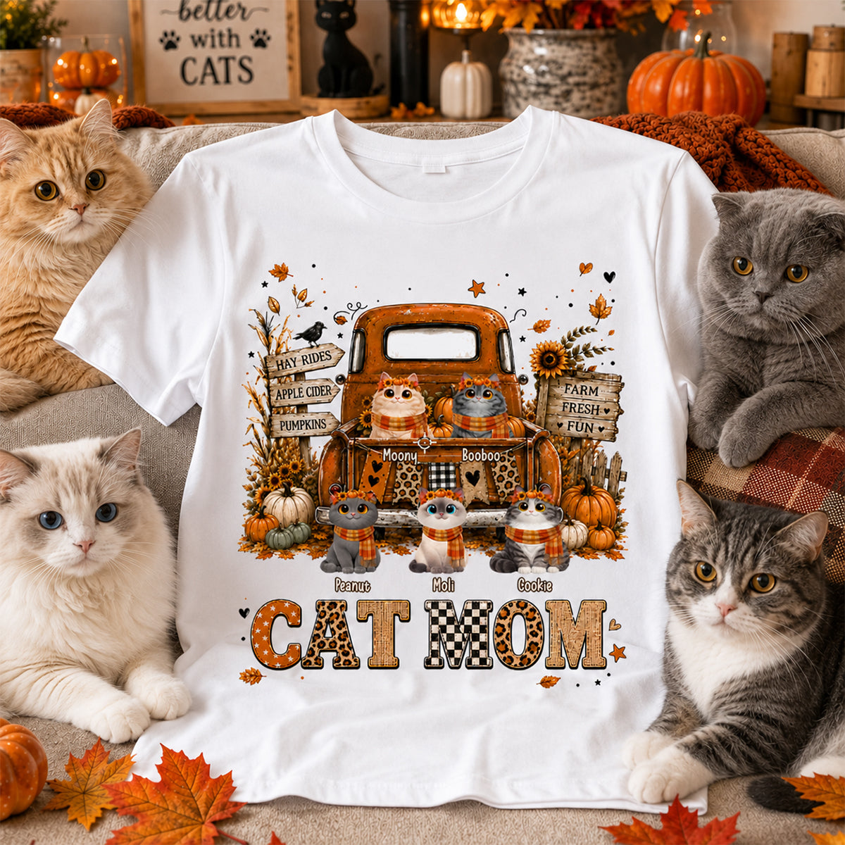Cat Mom Fall Pickup Truck - Personalized Shirt - Fall Season Gift, Gift For Cat Lovers