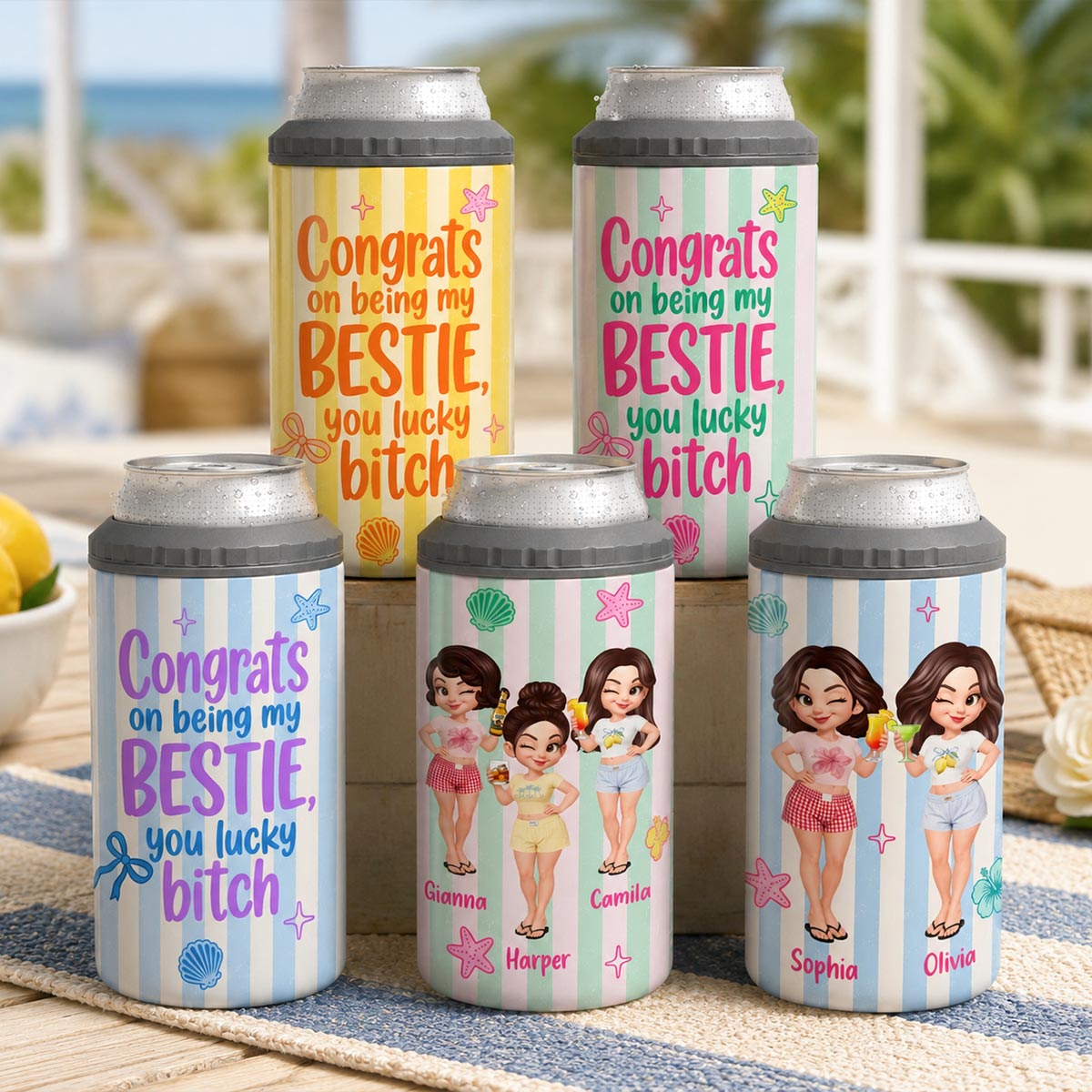Congrats On Being My Bestie Stripe Style - Personalized Can Cooler - Summer