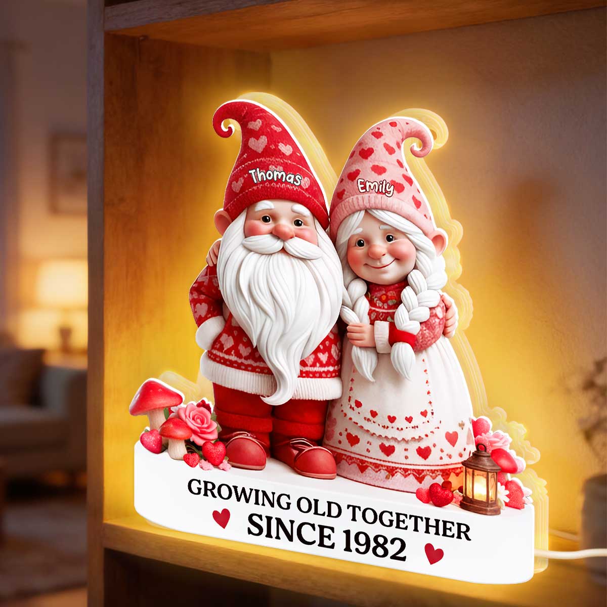 Eternal Love Nostalgia Valentine Gnome Couple Growing Old Together - Personalized Light Box - Heartfelt Valentine's Day Gift, Anniversary Gift For Couple, For Him, For Her