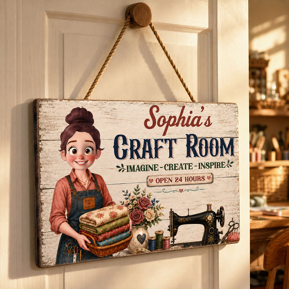 My Sewing Room Imagine Create Inspire Sewing Girl - Personalized Wooden Sign - Craft Room Decor