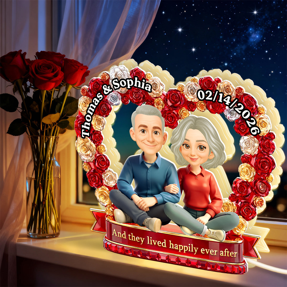 Flower Heart Couple Sitting Together - Personalized Light Box - Gift for Couple