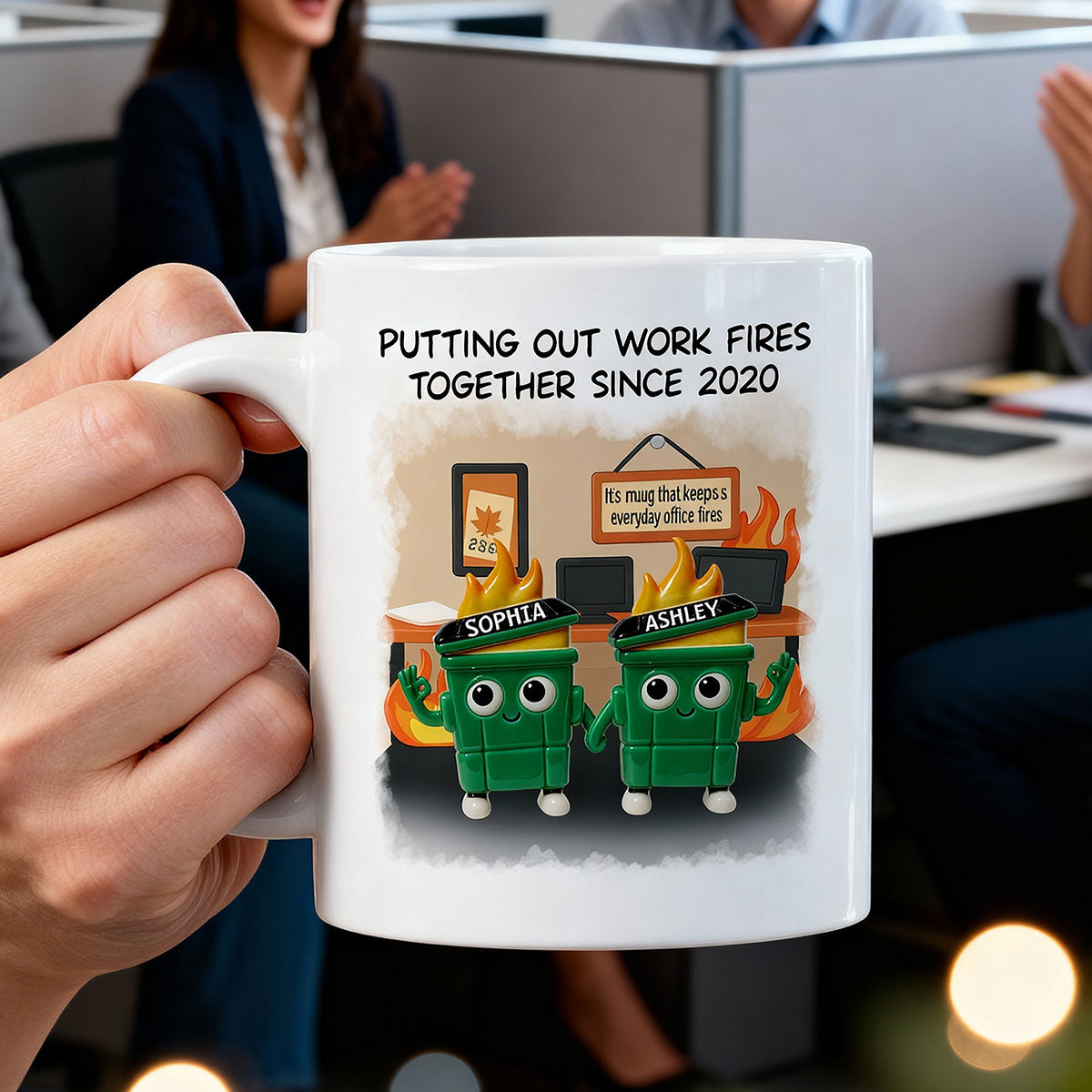 3D Effect Dumpster Fires In Office Scene - Personalized Mug - Funny Gift For Colleagues, Work Besties