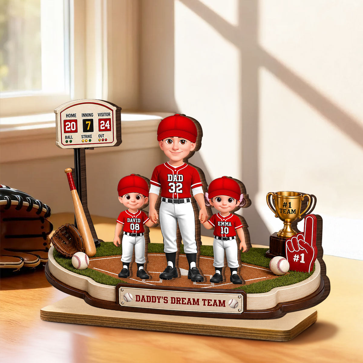 Daddy's Dream Team Baseball Dad Kids - Personalized 2-Layered Wooden Plaque - Heartfelt Gift For Baseball Dad, Gift For Husband